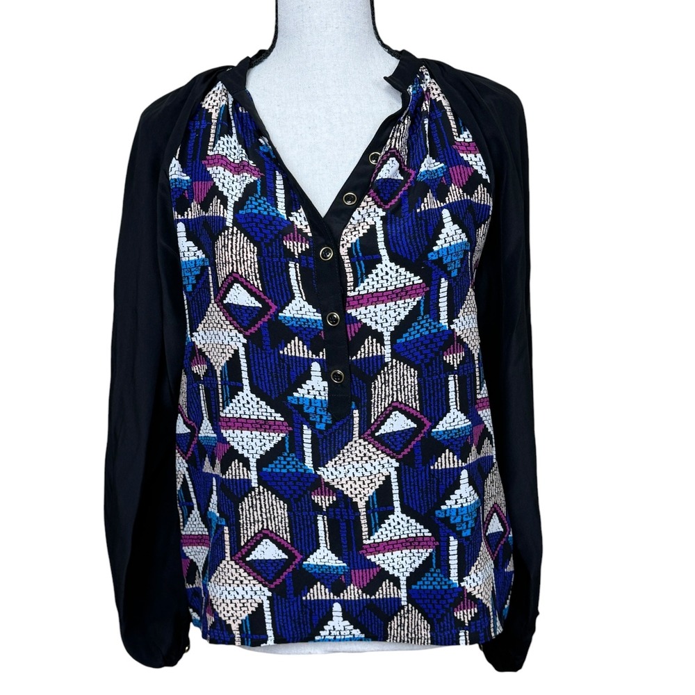 Yumi Kim Black Long Sleeve Geometric Print Silk Popover‎ Blouse Top XS
